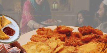 South Asian Ramadan food traditional iftar dishes with samosa pakora and dates
