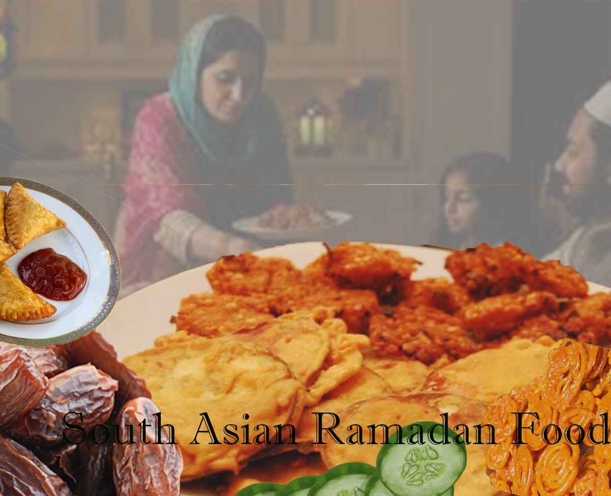South Asian Ramadan food traditional iftar dishes with samosa pakora and dates