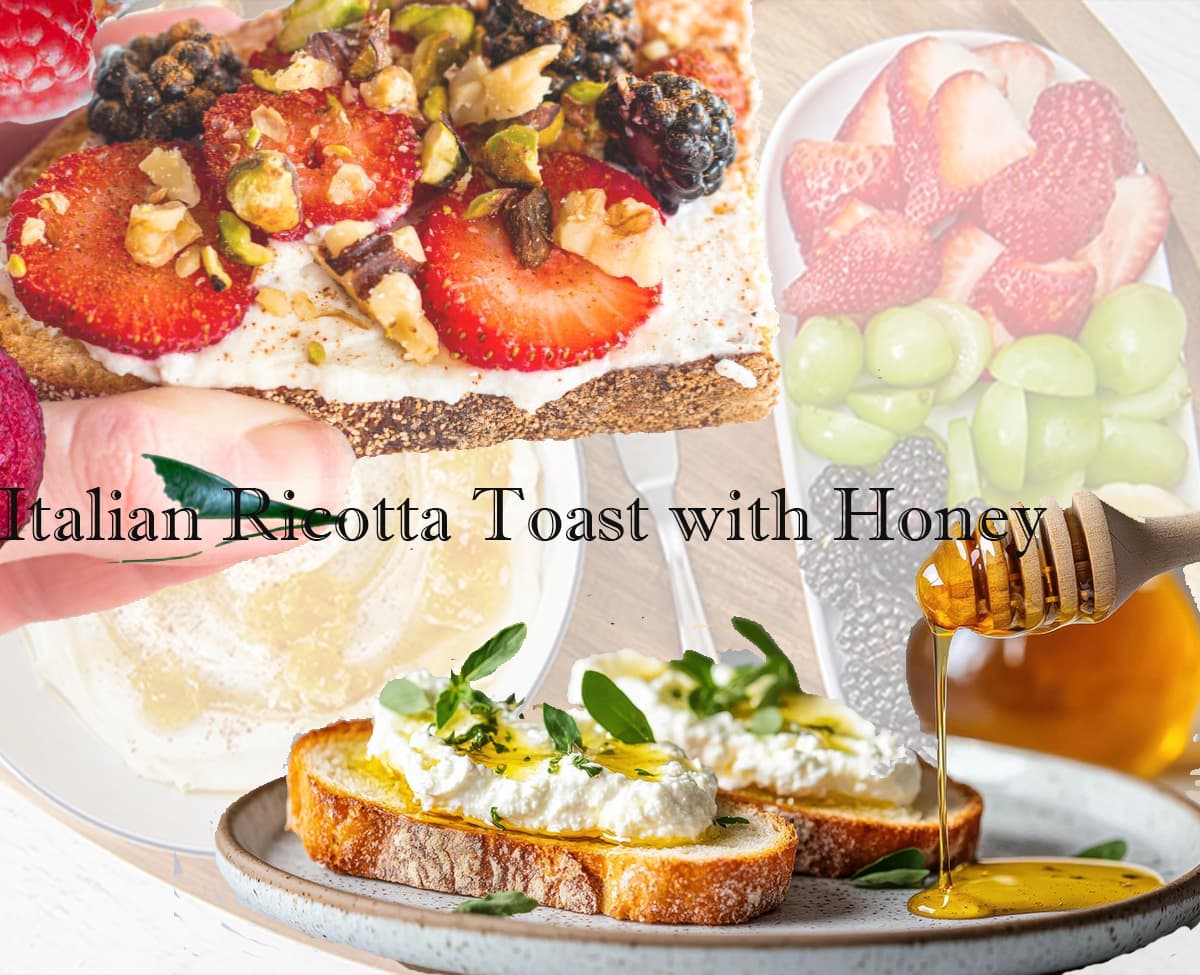 Top European breakfast recipes featuring Italian ricotta toast with honey, fresh strawberries, nuts, and healthy breakfast ingredients